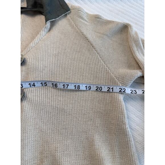 Cloda Linen Wool Cardigan Cream w/Slate Teal Trim Pockets Quiet Luxury Coastal M - Picture 6 of 7